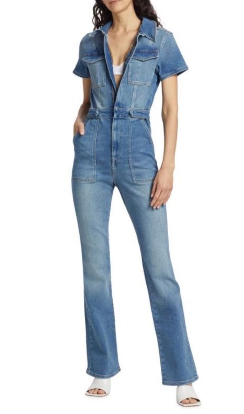 Good American Jumpsuit Fit For Success Blue Denim Short Sleeve Zip Front